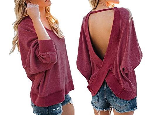 Women's Backless Loose Shirt Long Sleeve Open Back Cross Tee Top Blouse2