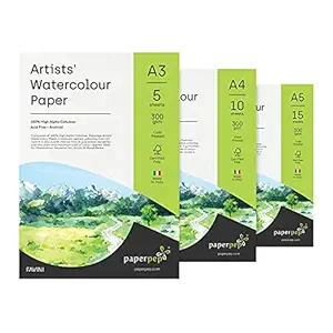 Artists' Watercolour Paper 300GSM Cold Pressed A3 (Pack of 5) + A4 (Pack of 10) + A5 (Pack of 15) for Watercolour, Gouache, Ink, Acrylic, Art Painting, Drawing for Artists' & Amateurs