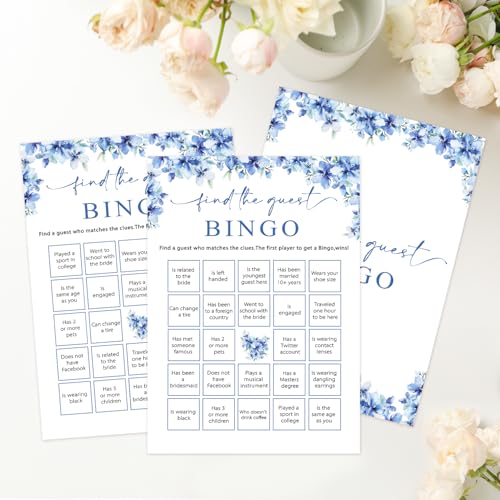 Image of Find The Guest Bingo Games, 25 Blue Floral Bridal Shower Game Cards Set, Engagement Party Game for Guests, Wedding Games for Reception, Minimalist Marriage Party Supplies-19