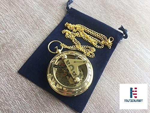 Brass Sundial Compass w/Chain & Velour Bag - Necklace Pendant - Old Vintage Pocket Style - Nautical Gift