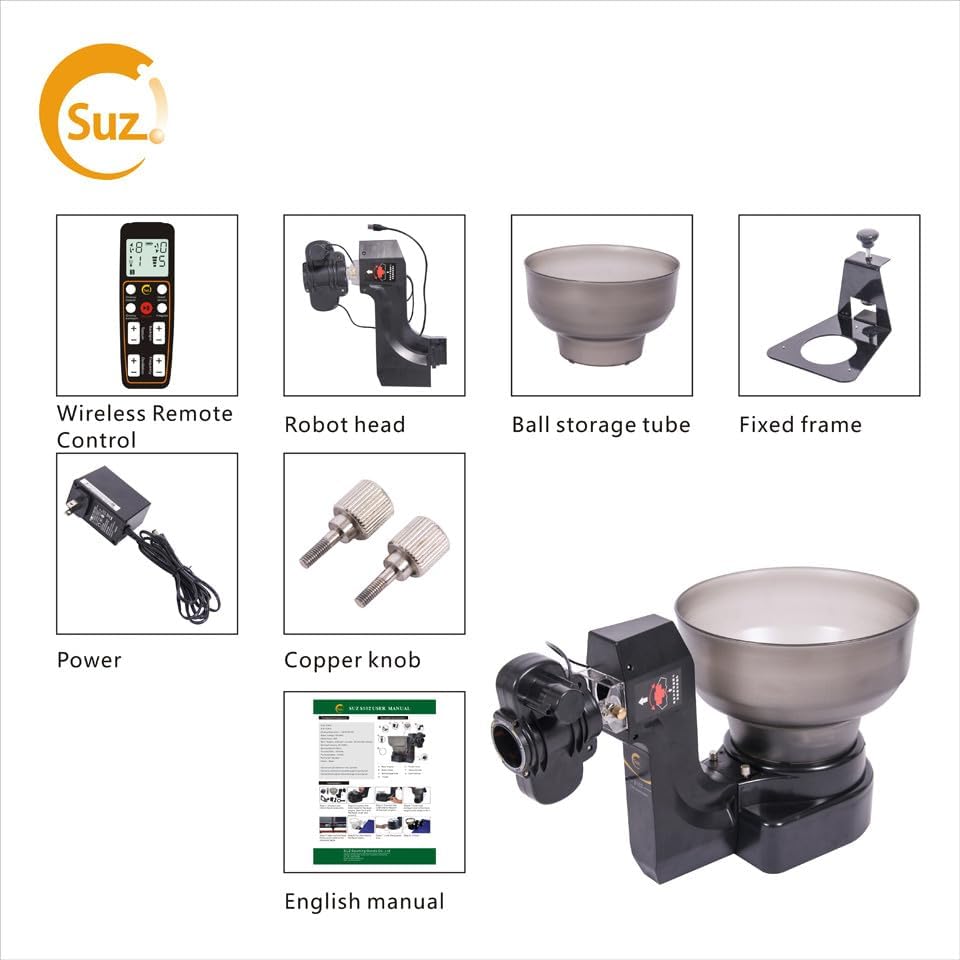 Suz S102 Table Tennis Robot components including robot head, ball storage tube, fixed frame, wireless remote control, power adapter, copper knobs, and English manual.