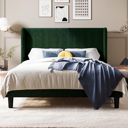 Image of Allewie Full Size Platform Bed with Corduroy Wingback Headboard, Green | 800 lb Capacity, Corduroy Wingback Headboard, Vertical Channel Design, Wood Slat Support, No Box Spring Needed, Easy Assembly