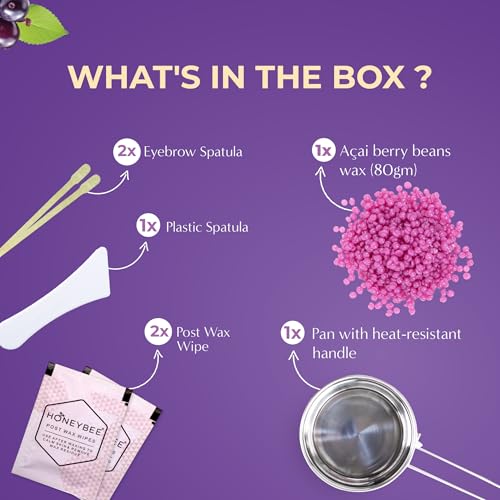 Image of Honeybee Acai Berry Brazilian Beans Wax For Women | Katori Beads Wax For Hair Removal | Liposoluble Stripless /No-Strips Waxing At Home For Brazilian Bikini, Face, Eyebrows, Upper-Lips, Chin, Underarms | Waxing Kit with Post Wax Wipes - 80g