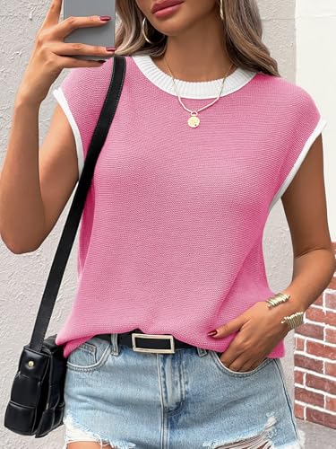 Saodimallsu Womens Summer Cap Sleeve Knit Tops Casual Sleeveless Sweater Vest Crew Neck Color Block 2025 Trendy Tank Top4