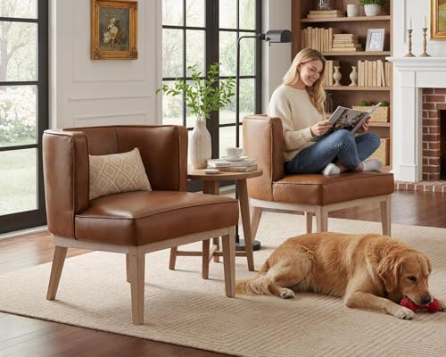 Image of Brown Leather Barrel Chairs Set of 2 with Solid Wood Frame, Small Round Accent Chairs Set of 2, Comfy Linen Accent Chairs for Living Room
