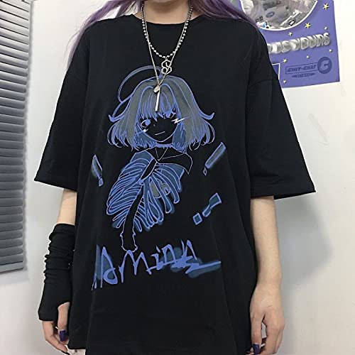 Women Summer Gothic T-Shirt Anime Aesthetic Print Harajuku Fashion Casual Tops: X-Large Black2