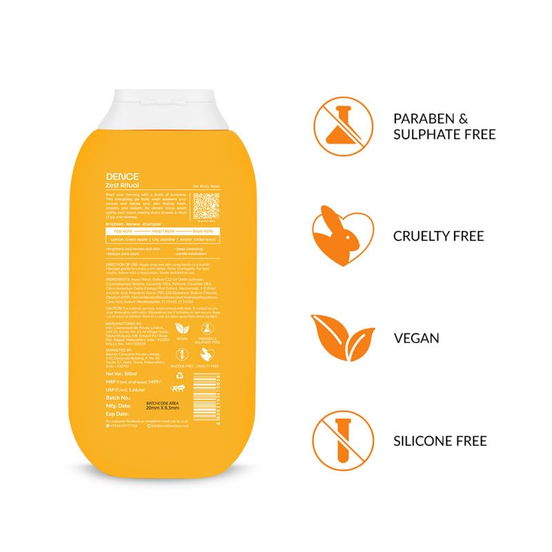 Image of DENCE Zest Ritual Brightening Gel Body Wash with Vitamin C, Niacinamide & Orange Peel | Evens Skin Tone & Refines Pores | Lemon & Amber Fragrance | Sulphate-Free | 300 ml