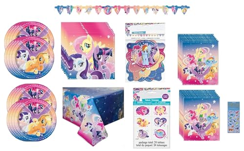 My Little Pony Birthday Party Supplies Favor Deluxe Bundle Pack Serves 16 includes 16 Plates, 16 Napkins, 1 Table Cover, 1 Banner, 16 Loot Bags, 24 Tattoos, 1 Dinosaur Sticker Sheet