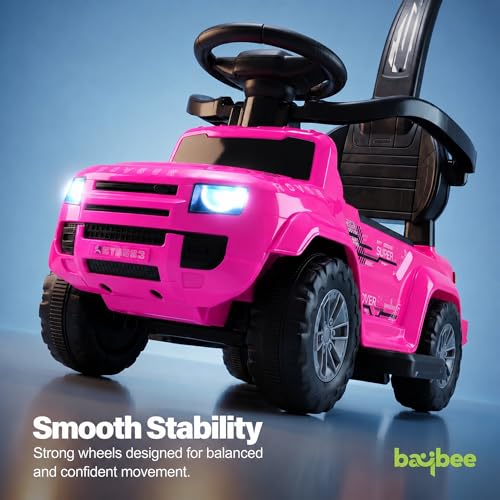 Image of Baybee Ride on Cars for Kids | Baby Push Ride ons Toys Car with Parental Handle & Safety Guardrail | Baby Toy Car with Backrest, Light & Music | Outdoor Kids Cars for 1 to 3 Years (Rover Pro Pink)