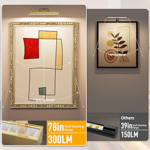 Image of Afyuol Picture Lights for Wall, Brushed Gold Battery Operated Picture Light 16in Art Light CCT Dimmable Recharging Battery Wall Light with Remote Control for Living Room Gallery 2PCS