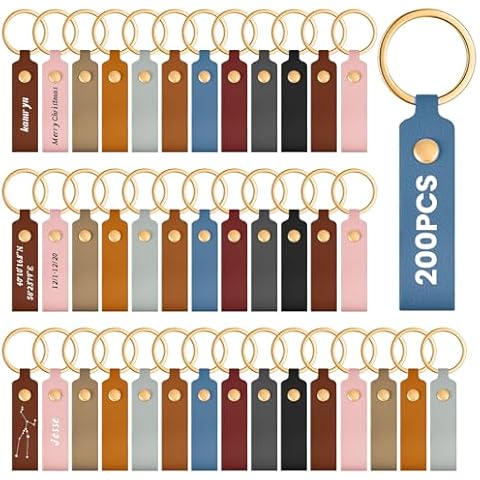 Wavyknot Leather Keychain Kit PU Leather Keychain Blanks with Key Rings Rivets for DIY Craft Engraving Laser(Classic Colors,200 Pcs) Cover