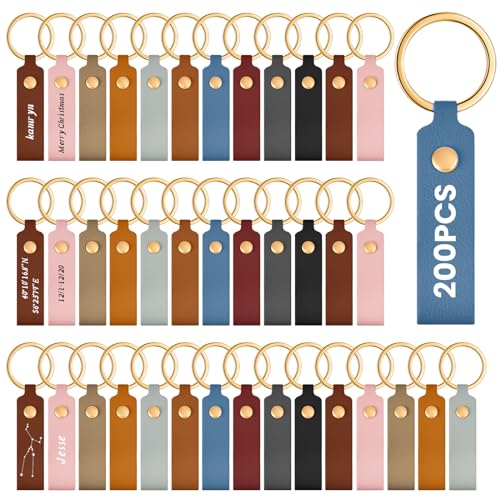Wavyknot 200 Pcs Leather Keychain Kit PU Leather Keychain Blanks with Key Rings Rivets for DIY Craft Engraving Laser (Classic Colors)