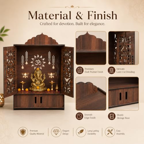 Image of The Castle Decor Wooden Mandir for Home, Wall Hanging & Tabletop Pooja Temple with Double Doors, Om & Lotus Cutwork, Storage Cabinet, Dark Walnut MDF for Pooja Room, 10.6 x 20 x 16.7 Inch (Design-2)