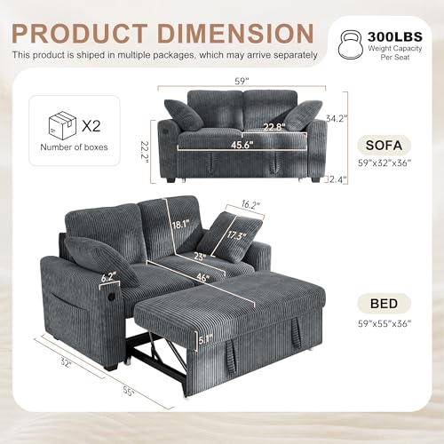 Image of Hanherry 59 inch Loveseat Sofa with Pull Out Couch Bed, Corduroy 2-in-1 Convertible 2 Seater Sleeper Sofa with USB Charging,Comfy Love Seat for Small Spaces Living Room Apartment