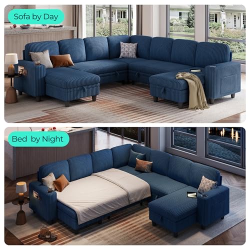 Image of LINSY HOME Sectional Sleeper Sofa with Pull Out Couch Bed - Convertible Plush Corduroy Cloud Couch with Storage Chaise & USB Charging, Comfy Modular Couches for Living Room, Blue
