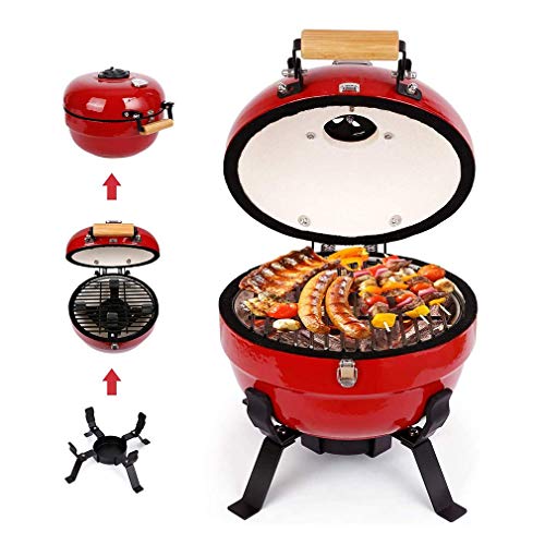 Tragbarer Keramikgrill-Holzkohlegrill, Faltbarer 12-Zoll-Grillgrill-Holzkohleofen mit digitalem Thermometer für Familiengarten-Picknickparty