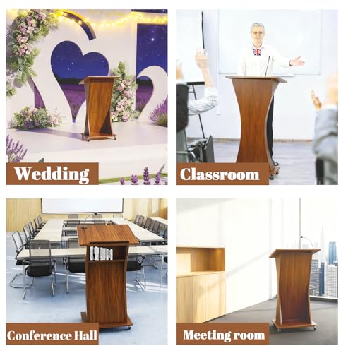 Image of Portable Mobile Wooden Podium Stand with Lockable Wheels, Lightweight 42.5 inch Rolling Lectern for Churches, Ideal for Presentations, Events, and Public Speaking