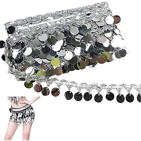 10 Yards Sparkling Round Coin Shape Sequin Fringe Trim Belly Dance Tassels Trim for Belt Chain Party Accessories DIY Clothing Supplies (Sliver) Cover