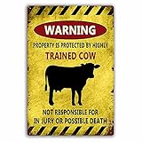 Homega Cow House Metal Sign,Cattle Farm Metal Plaque,Warning This Property is Protected by Highly Trained Cows Wall Plaque Sign Heifer Home Decor 8 x 12 Inch Roms 1-1