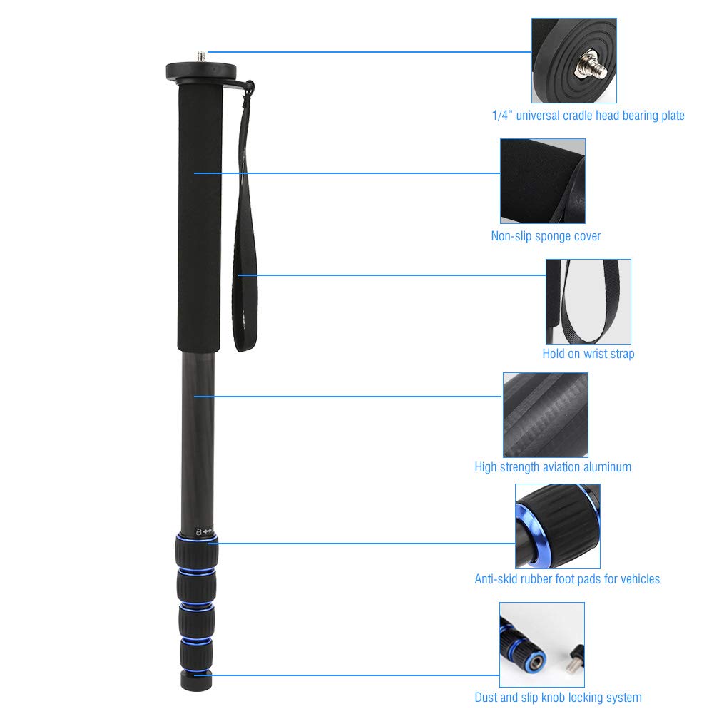 C 222M 1 Carbon Fiber DSLR Camera Monopod, Portable Telescopic Mountaineering Cane, Lightweight with Quick Locking System, 5 Section Adjustable Height, Load 8kg, Includes