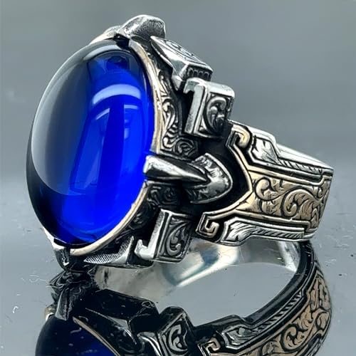 Men Blue Stone Ring, Oval Sapphire Stone Ring, Turkish Handmade Ring, Ottoman Engraved Style Ring, 925k Sterling Silver Ring - Thumbnail 6
