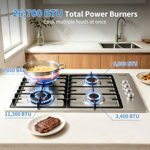 Image of Ranein 30 Inch 4 Burner Gas Cooktop, NG /LPG Convertible Gas Stove Top, 304 Stainless Steel with Thermocouple Flameout Protection for Kitchens, Apartments, RVs