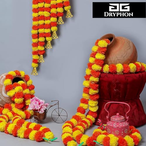 Image of Marigold Garlands Decoration with Bell, Artificial Flowers for Decorations Hanging Garlands for Home Decorations, Ganpati Decoration /Diwali Decoration for Home Decor- (Multicolor, Pack of 15)