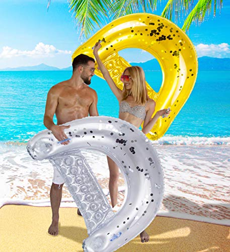 Image of POZA Inflatable Pool Float Chair - Luxurious Lounger Filled with Sparkle Confetti, 2 Built in Cup Holders & Handles, Water Floating Chair for Beach, Lake & Swimming Pool - 48 x 38 Inch
