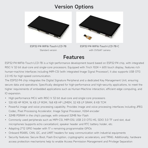 ESP32-P4 development board Waveshare avec écran tactile 7 pouces et caméra OV5647 - 4