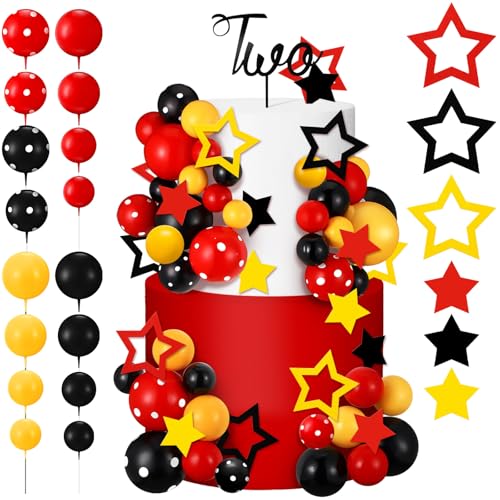 Teenyyou Juego de 57 piezas de decoración de pastel de dibujos animados para tartas de cumpleaños de color negro, rojo y amarillo, decoración de pastel de cumpleaños para decoración de tartas de