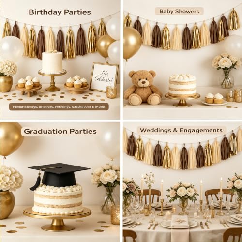 Image of Brown Tan Beige Cream Gold DIY Tissue Tassel Garland Party Tassel Banner Bunting Streamer for Boho Rustic Neutral Wedding Bridal Shower Western Party Decoration