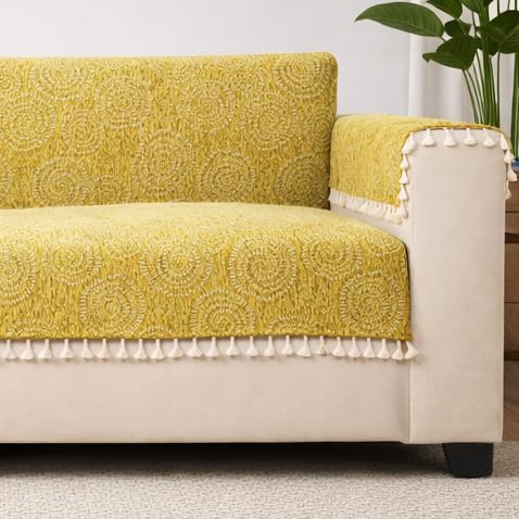 Image of STITCHNEST Woven Fabric Sofa Cover 3 Seater with 2 Hand Rest Covers - Washable Green Sofa Cover with Tassels - Durable Premium Fabric - Stylish Sofa Protector for Living Room & Furniture Decor