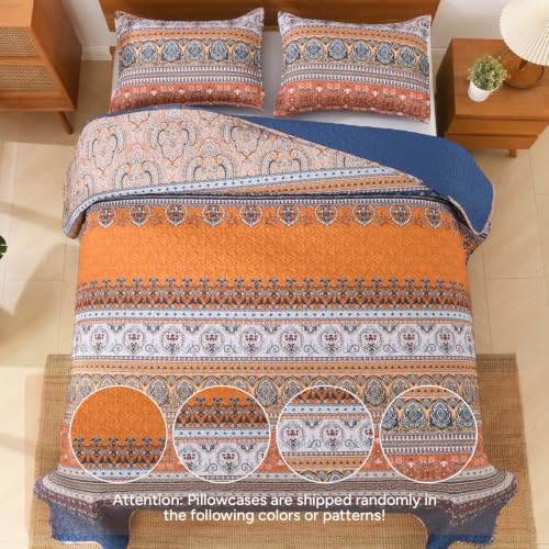 Image of Andency Blue Orange King Size Quilt Set, 3 Pieces Boho Striped Bedspread | Soft Lightweight Blue Orange Printed Bohemian Polyester Reversible Coverlet Comforter Sets for All Season (106 inchx96 inch)