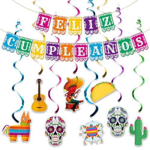 Image of Feliz Cumpleanos Banner - Pre-Strung Happy Birthday Banner, Cinco de Mayo Papel Picado, Fiesta Birthday Hanging Swirl Decorations