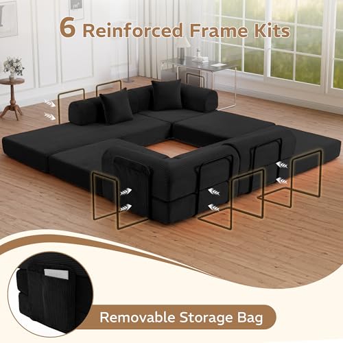 Image of 141.73'' U-Shaped Sectional Sofa Bed, 6-in-1 Modular Corduroy Couch with Soft Cloud-Like Feel, Removable Storage Bag, Anti-Pilling Fabric, Tool-Free Assembly, for Living Room, Black