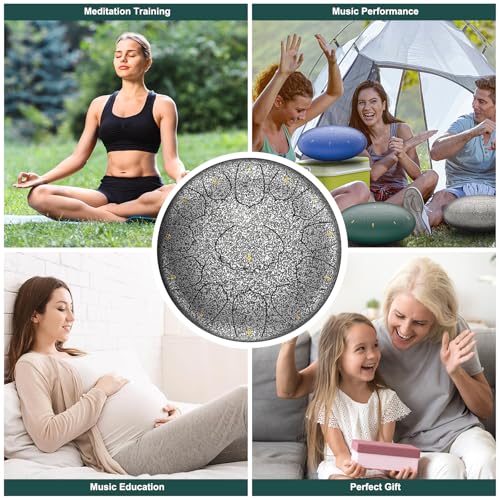 Image of D Major Steel Tongue Drum Handpan, 12 Inch 13 Note Rain Drum for Outside Garden, Meditation Rain Chime, Musical Percussion Instrument for Adult Gift with Bag, Music Book, Drum Mallets (Star Sliver)
