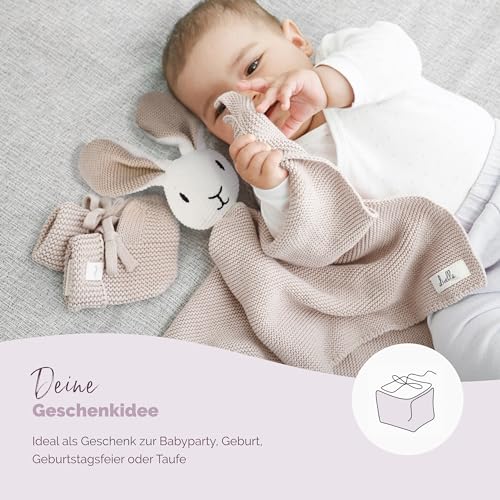 Livella Kuscheltuch „Hase“ mit Söckchen - Reine Bio-Baumwolle – Premium Schmusetuch, Kuscheldecke, Schmusedecke, Strickdecke - Samtweich & atmungsaktiv - Oeko-TEX® Standard 100 und GOTS Zertifiziert
