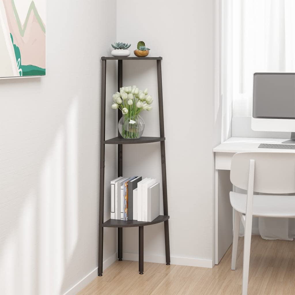 Scaffale angolare con 3 ripiani, nero, in legno e acciaio, 45,5 x 31,5 x 120 cm, salvaspazio, per soggiorno, studio, ufficio, sistema di scaffale aperto per libri e stoccaggio