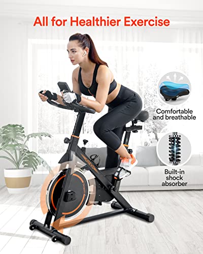 UREVO Exercise Bike, Stationary Bike with 35lbs Flywheel, Indoor Cycling Bike Stationary with Mat and 4 Resistance Bands, Exercise Bike 330lbs Capacity, Quiet Bike Exercise Machine with Adjustable Resistance (22lbs Flywheel, Black)