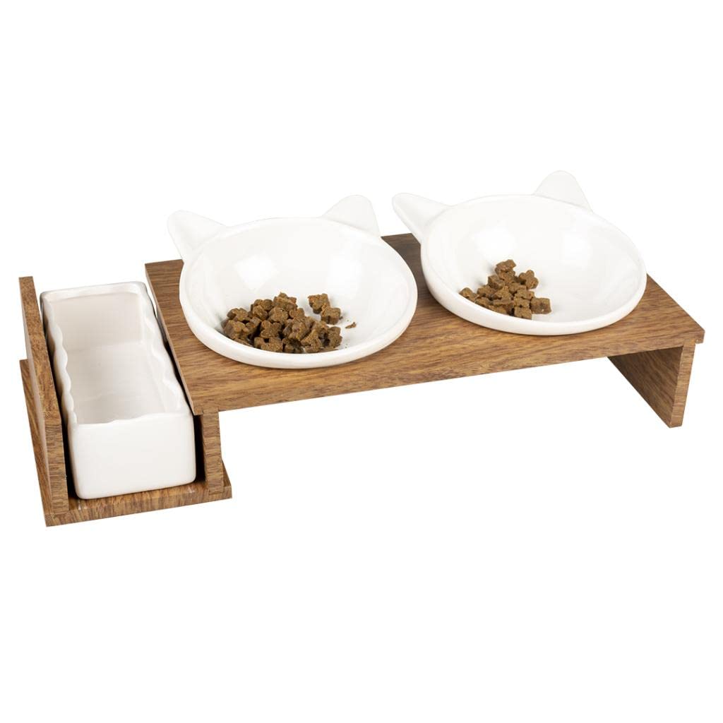 duvoplus, Set mit 3 Keramikschalen für Katzen, Modell Stony Up, Ständer aus Polywood, 3 Schalen zum Essen, Trinken und Katzenminze, spülmaschinenfest, 250 ml + 350 ml, Weiß