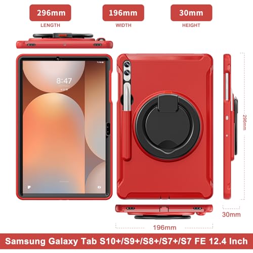 Coque Samsung Galaxy Tab S9+ antichoc rouge robuste SM-X810 et Tab S9 FE+ SM-X610 avec support