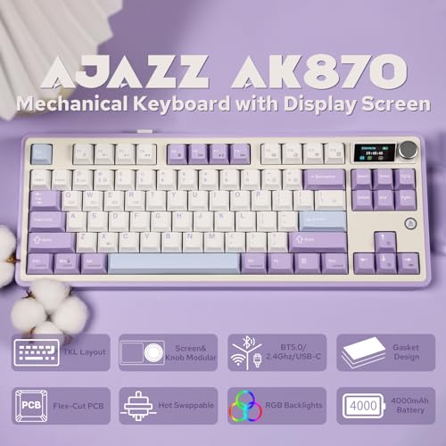 Image of MechLands Ajazz AK870 87 Keys Gasket Wireless Gaming Keyboard with Screen & Button, BT5.0 /2.4GHz /USB-C Mechanical Keyboard, with 5-Layer Padding, Flex-Cut PCB, NKRO (Purple, Hyacinth Switch)