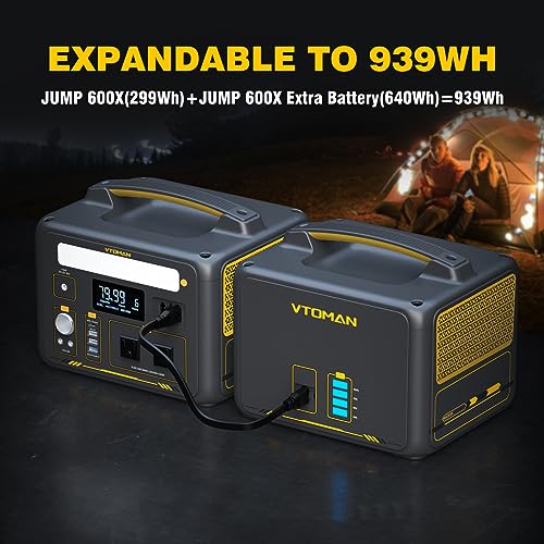 Image of VTOMAN Jump600X 600W Portable Power Station with 640Wh Extra Battery, 939Wh Solar Generator LiFePO4 Battery, Peak 1200W AC Outlet, PD 60W USB-C, 3x12V /10A DC for Outdoor Camping, Off-grid, Home Backup