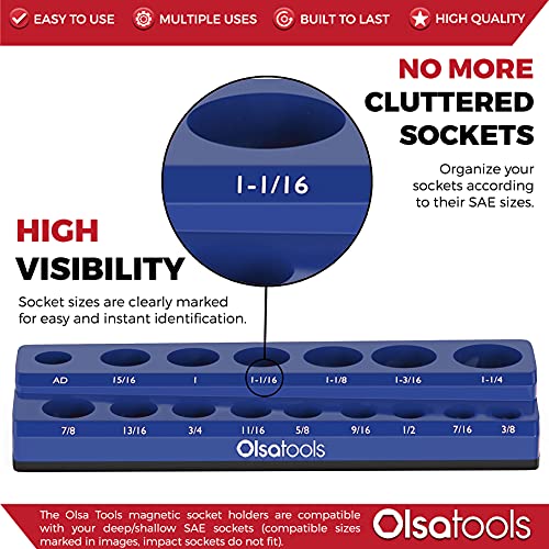 Image of Olsa Tools Magnetic Socket Organizer - 1 /2-Inch Drive SAE Socket Holder with Strong Magnets - Professional Tool Holder and Tool Organizer - Holds up to 16 Sockets - Blue - Part: 1296
