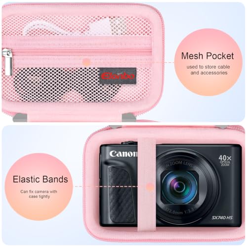 Image of Elonbo Carrying Case for Canon Powershot SX740 HS / SX730 HS /SX720 HS Camera | Canon SX740 Camera Case, Hard Bag, with Mesh Pocket Wrist Strap Double Zipper, for Vlogging Travel Protective Storage, Pink