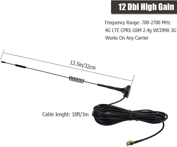 (2Pack) SMA Antenna 4G LTE 12Dbi 700-2700MHz Cellular Antenna Magnet Mount 4g Antenna 12Dbi 4G LTE CPRS GSM 2.4G WCDMA 3G by EJOYS