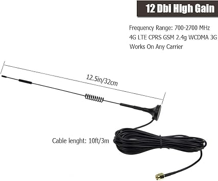(2Pack) SMA Antenna 4G LTE 12Dbi 700-2700MHz Cellular Antenna Magnet Mount 4g Antenna 12Dbi 4G LTE CPRS GSM 2.4G WCDMA 3G by EJOYS