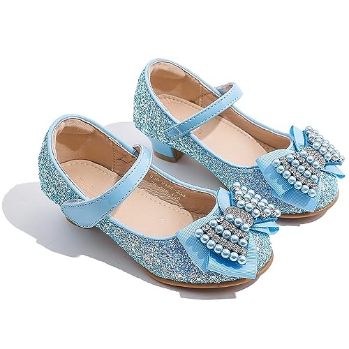 WUIWUIYU Girls Heels Glitter Bow Pearls Hook&Loop Round-Toe Latin Ballroom Dance Dress Wedding Princess Mary Jane Shoes3