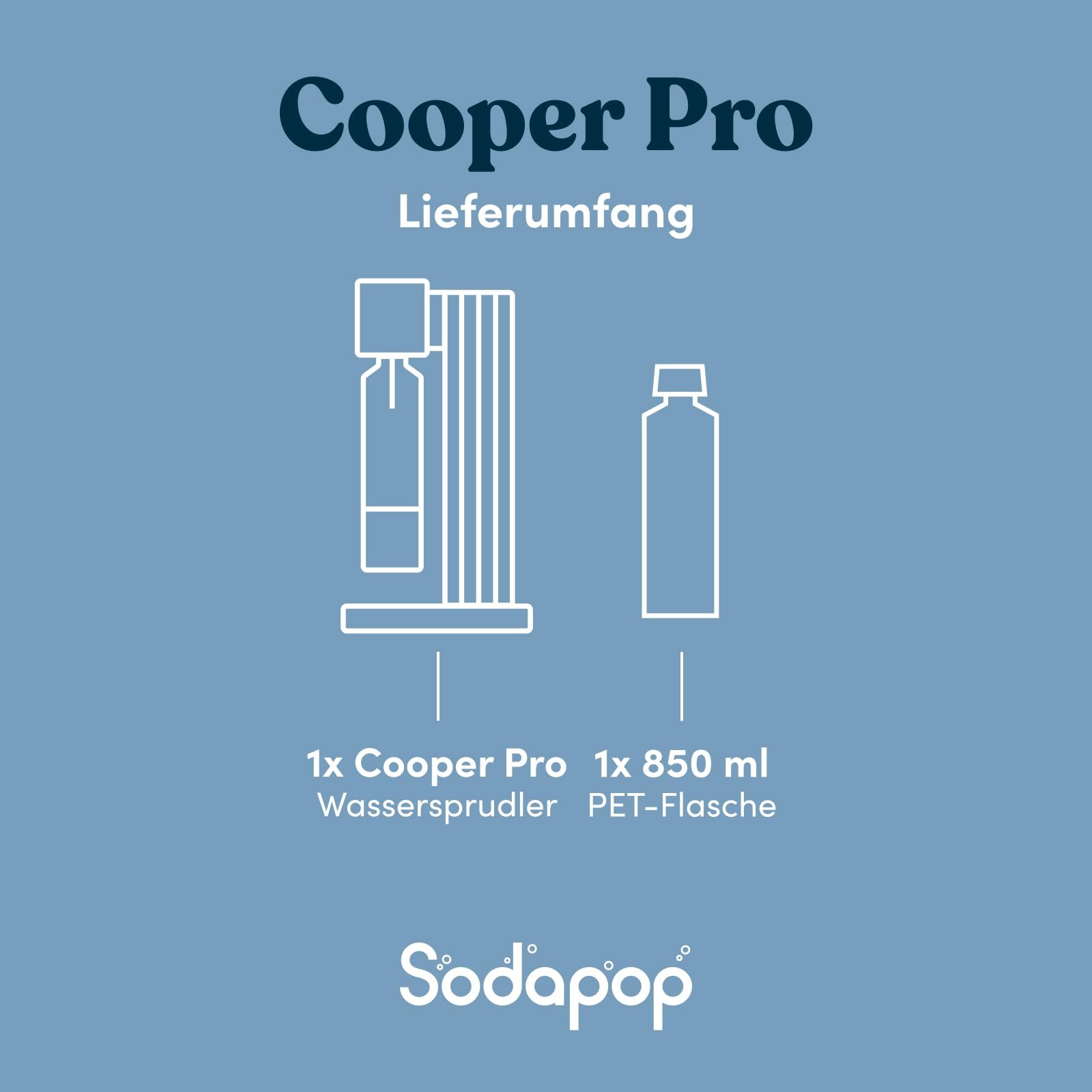 Sodapop Cooper Pro saturator do wody gazowanej, biały, w zestawie 1 x butelka PET, łatwa obsługa bez wkręcania, z mechanizmem do zawieszania bez wkręcania, stylowy i zajmuje mało miejsca, wysokość 45