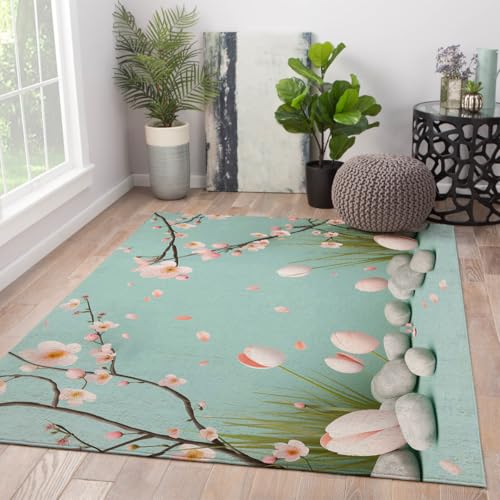 Tapis doux lavable au motif botanique frais rose et vert pierre style scandinave